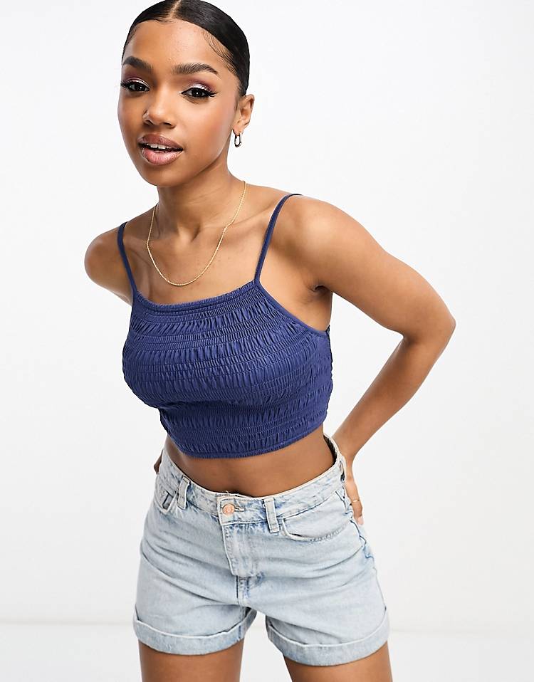Pull&Bear shirred strappy crop top in navy blue